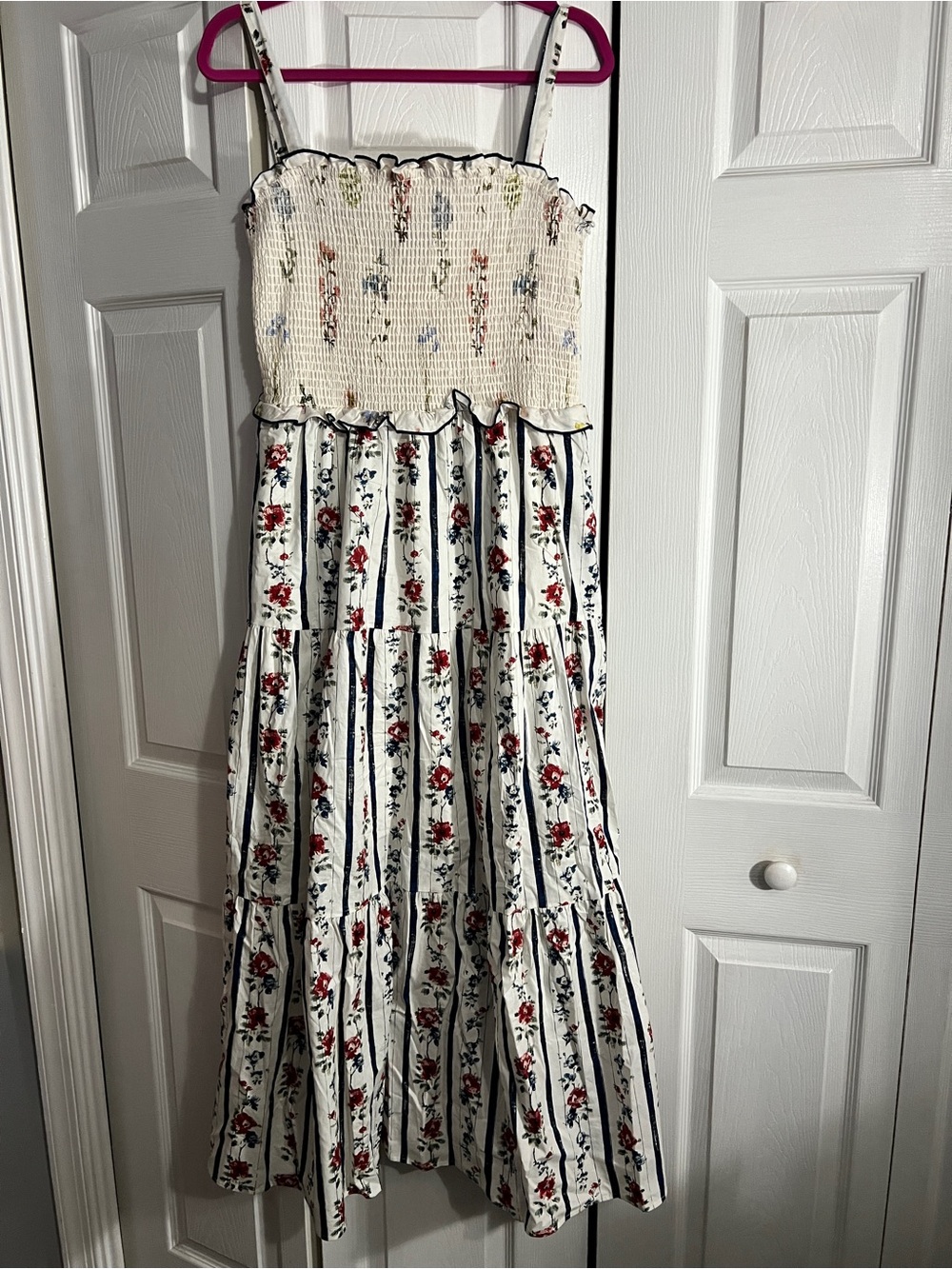 Floral Stripe White Maxi Sundress with Smocked Bodice